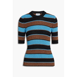 Ribbed striped metallic crochet-knit top