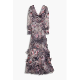 Twisted floral-appliqued printed organza gown