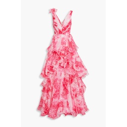 Tiered printed chiffon gown
