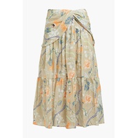 Draped floral-print ramie midi skirt